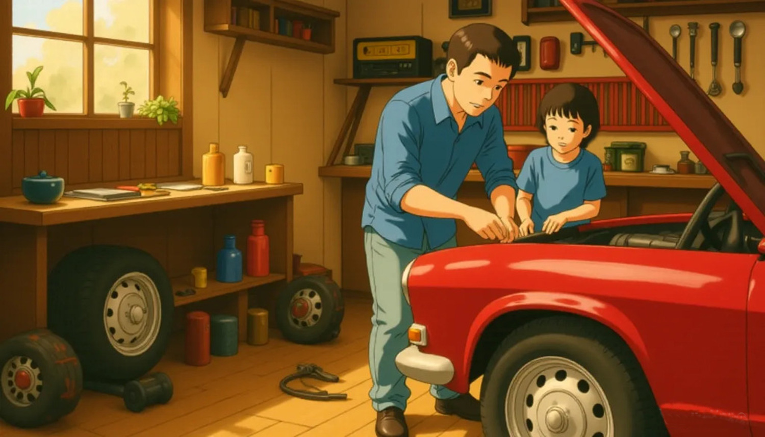 Sketch of car with hood upraised while father and son perform preventive maintenance